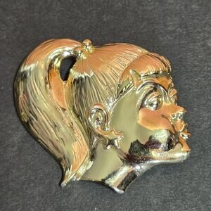 RARE Vintage AJC Brooch Pin Gold Tone Kissing Girl Head‎ Pony Tail Stamped